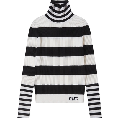 CNC女装 条纹高领毛衣女秋冬季绵羊毛修身内搭法式针织打底衫上衣
