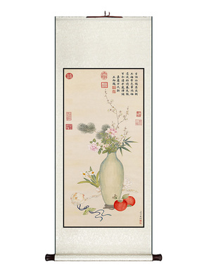 玄关过道中式复古花鸟卷轴挂画