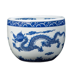 景德镇陶瓷器青花双龙戏珠聚宝盆金鱼缸风水玄关开业摆件 书画缸