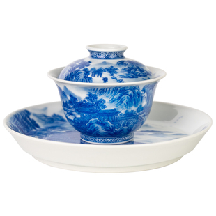 圣山景德镇仙山楼阁手绘青花盖碗陶瓷茶具茶杯手工茶具泡茶盖碗