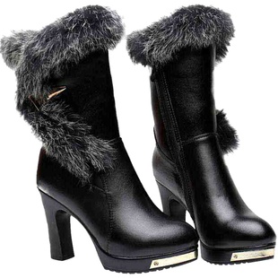 2025年新款真皮女鞋高跟冬季雪地靴子马丁靴中筒靴女加绒棉靴爆款