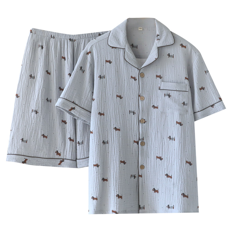 腊肠小狗睡衣男士春夏季纯棉双层纱布吸汗透气短袖短裤家居服套装