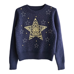 节日喜庆金色五角星刺绣针织衫南油轻奢法式长袖百搭重工烫钻毛衣