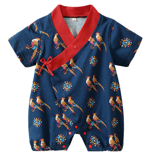 龙喜年婴儿周岁女宝礼服夏季新男童纯棉汉服满月百天抓周宴连体衣