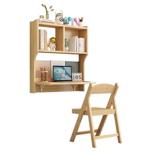 折叠书桌墙上实木折叠桌儿童书架壁挂式床头书柜一体墙面靠墙桌子