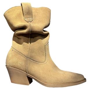 当季趋势新品~牛皮擦色尖头粗跟西部牛仔靴女褶皱堆堆靴中筒短靴