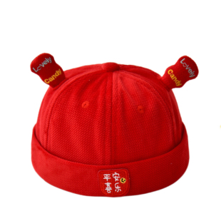 宝宝红色帽子婴儿周岁帽喜庆春秋款婴幼儿地主帽小月龄抓周瓜皮帽