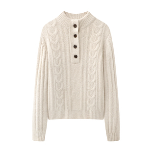 艾格高领加厚毛衣女秋冬2025新款刺绣立领麻花软糯针织衫套头上衣