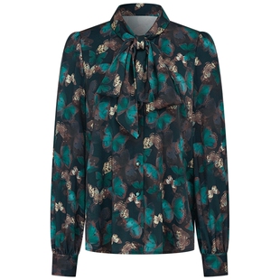 曼德诗法式气质衬衫2026春季新品艺术蝴蝶印花浪漫飘带领雪纺衬衣