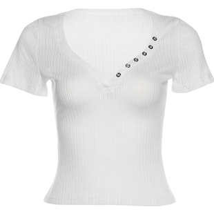 #Sisjuly#Y2K涩谷辣妹坑条排扣V领短袖T恤&豹纹吊带&短裤三件套女