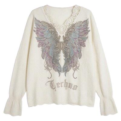 TCH温柔风烫钻提花蕾丝边V领针织衫女2025冬季新款T75D09E1289