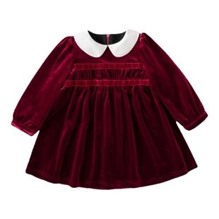 嘟嘟家宝宝红丝绒衣裙女童酒红色连裙子婴儿新年拜年服秋冬加绒裙