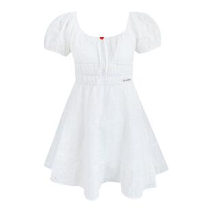 Kroche 法式刺绣 镂空方领收腰短款泡泡袖白色度假连衣裙