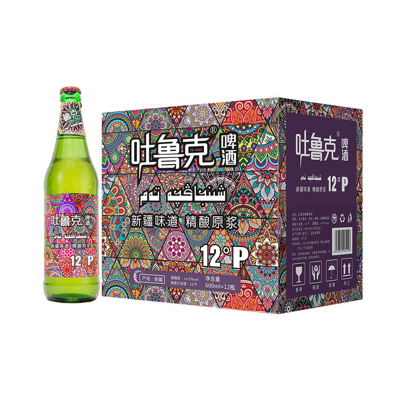 新疆产啤酒12°P精酿啤酒吐鲁克啤酒600ml*12瓶惠州云仓直发