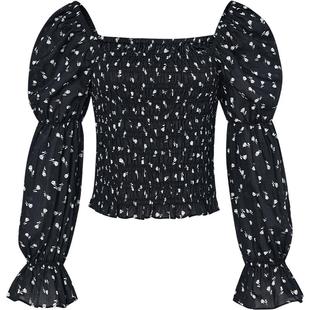 曼德诗全棉长袖T恤方领时尚上衣2025夏季新款泡泡袖设计感套头衫