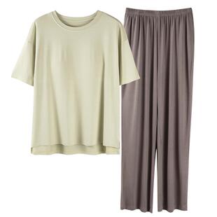顶瓜瓜莫代尔女士带胸垫可外穿睡衣短袖上衣长裤子夏天家居服套装