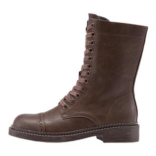 奥康 女鞋冬季复古英伦风女士通勤时装靴系带方头骑士靴