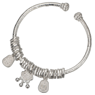 吴越老银铺9999纯银手镯女长命锁挂坠开口银镯小众国风设计感镯子