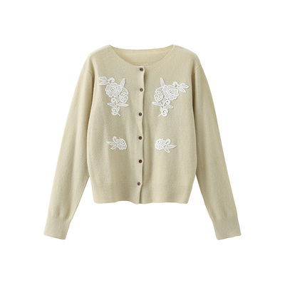 popchrio羊毛蕾丝绣花针织开衫