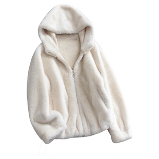 软糯毛绒绒纯色连帽仿皮草宽松加厚皮毛一体长袖女装保暖外套Q552