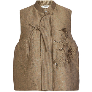 QS秸熙2025冬新款新中式轻国风提花羽绒马甲花鸟绣花无袖马夹外套