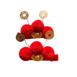 新年可爱红色毛球元宝发夹女个性创意过年头饰刘海夹儿童发卡对夹