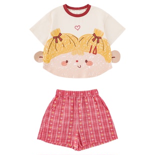 幼悠女童夏季新款卡通短袖抗菌圆领T恤2026格子清凉短裤儿童套装