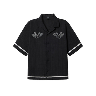 韦恩泽维尔加肥加大男装大码宽松古巴领泡泡纱印花短袖衬衫9153