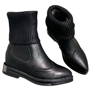 真皮弹力布尖头马丁靴秋冬厚底加绒时装靴黑色7.5cm百搭瘦瘦靴