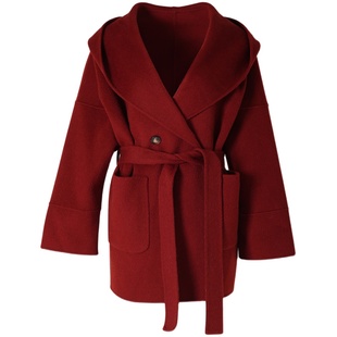 ZHUYIYI 圣诞酒红色连帽短款双面羊绒大衣女小个子连帽毛呢外套冬
