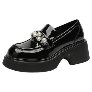 星期六厚底乐福鞋女款新款英伦风黑色小皮鞋一脚蹬粗跟增高单鞋女