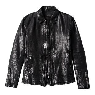 DREAMBOX钧博水洗做旧马皮翻领皮衣阿美咔叽中短款机车皮夹克外套