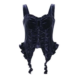 lefame拉飞姆不规则下摆抽褶辣妹丝绒吊带上衣