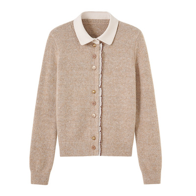 亦白撞色翻领花边开衫针织毛衣