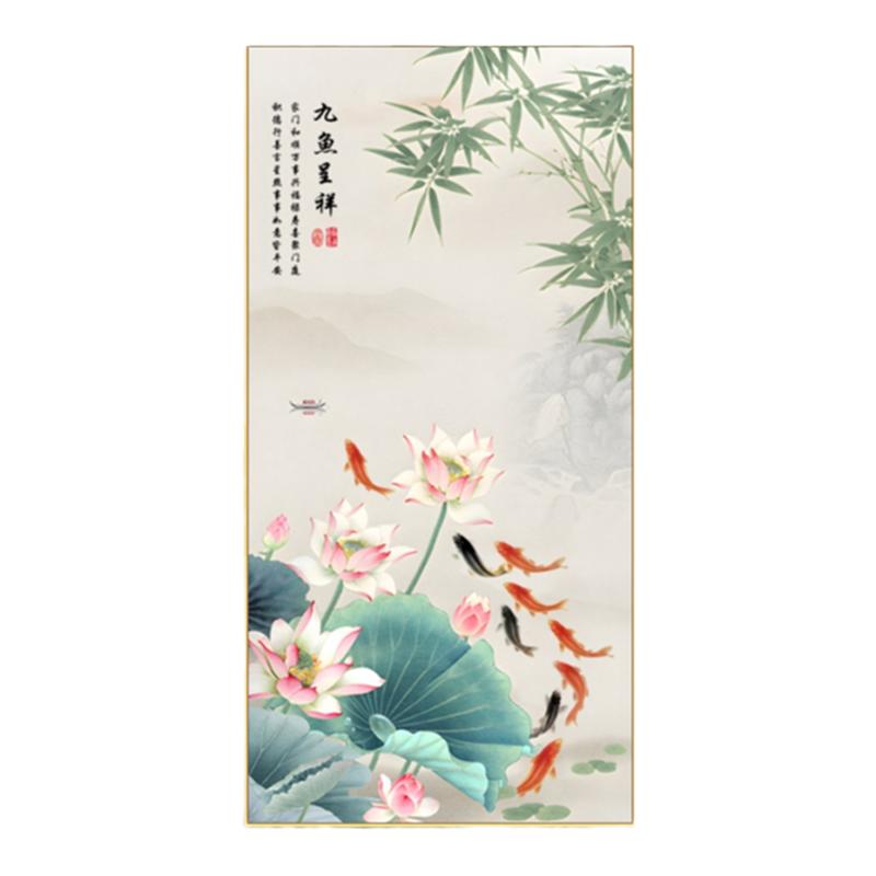 荷花叶九鱼图玄关装饰画莲花新中式九尾锂鱼聚财竖版防水晶壁挂画