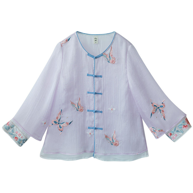 新中式撞色开衫女夏蝴蝶刺绣上衣