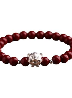 正品朱砂手串女纯银十二生