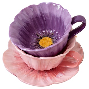 SkyBloom诗客花朵造型陶瓷咖啡杯碟套装手工田园风百搭精致礼物