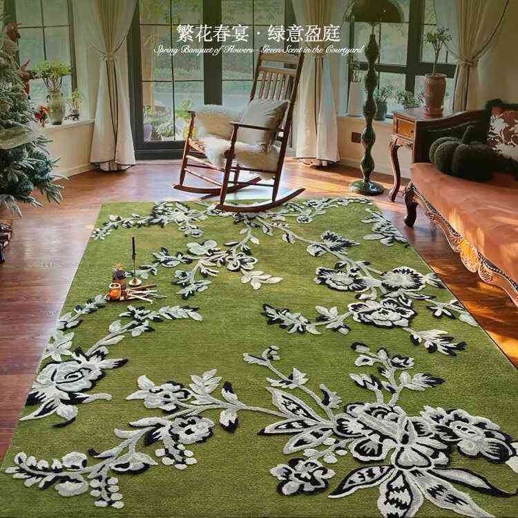 2024新款法式绿色地毯高级中古沙发茶几垫家用卧室床边毯防水防污