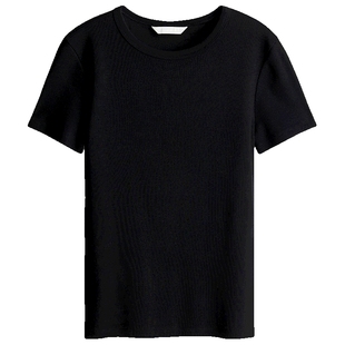 HM女装T恤2026春季新款修身短袖窄边领口直筒短袖上衣1260556