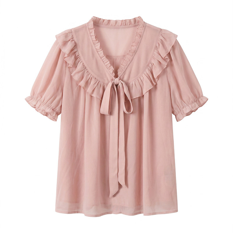 弥古正品粉色v领荷叶边衬衫女