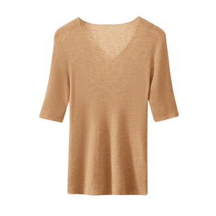 春竹26早春新款精纺无缝混纺羊毛衫V领修身洋气薄款短袖女针织衫