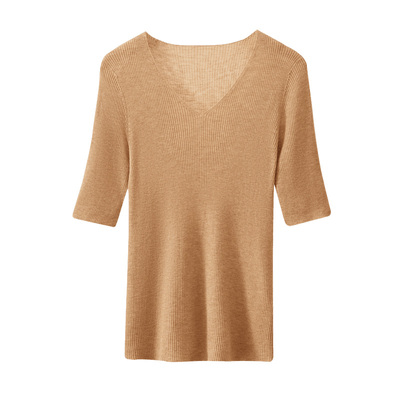 春竹26早春新款精纺无缝混纺羊毛衫V领修身洋气薄款短袖女针织衫