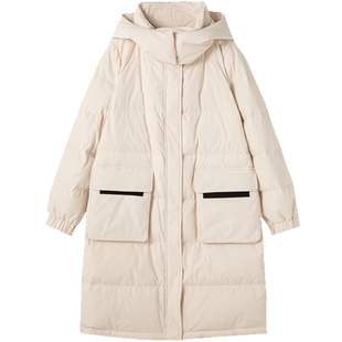 布景羽绒服女冬季简约可收腰宽松直筒连帽白鸭绒中长款厚外套1686