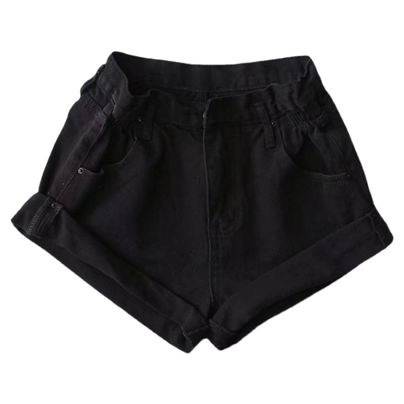 经典复古版型 黑色卷边牛仔短裤高腰热裤纯色显瘦显腿长少女春夏