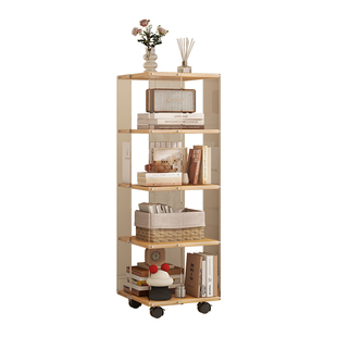 亚克力旋转书架360度客厅电视机旁置物架收纳可移动多层实木书柜