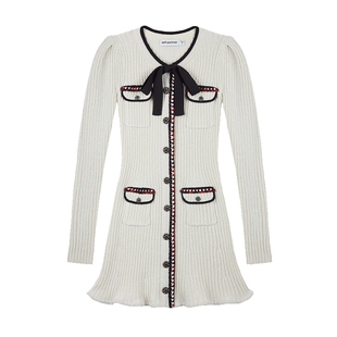 self-portrait 经典蝴蝶结小香风荷叶边针织显瘦连衣裙