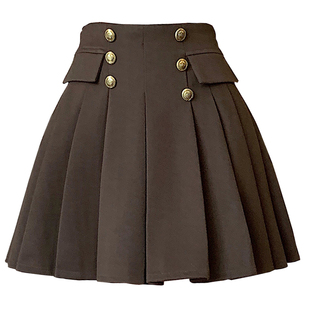 咖啡色高腰毛呢半身裙短裙2025秋冬小个子外穿百褶裙配靴子巨好看