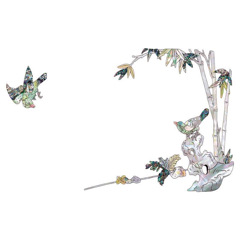 水移画新中式花鸟仿螺钿贴纸茶盘软装墙贴
