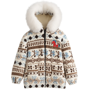费尔岛雪人棉服女童毛领外套2026马年新款保暖加绒加厚羊羔绒大衣